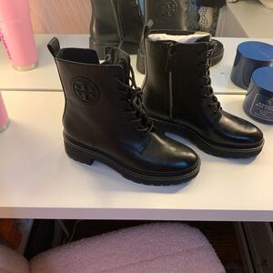 Tory Burch Black Leather Lace-Up Ankle Boots with Embossed Logo